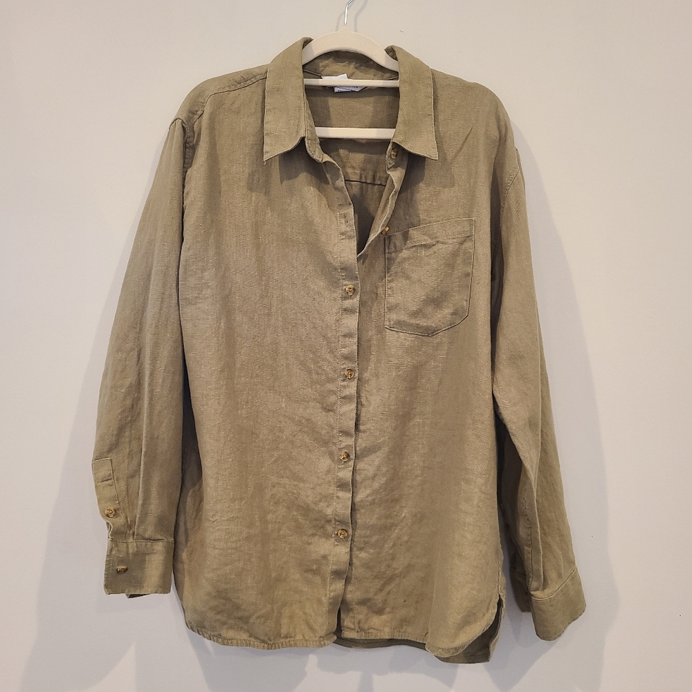 Athleta Retreat Relaxed Fit Linen Button Down Blouse In Olive Branch Size Medium - Picture 2 of 8
